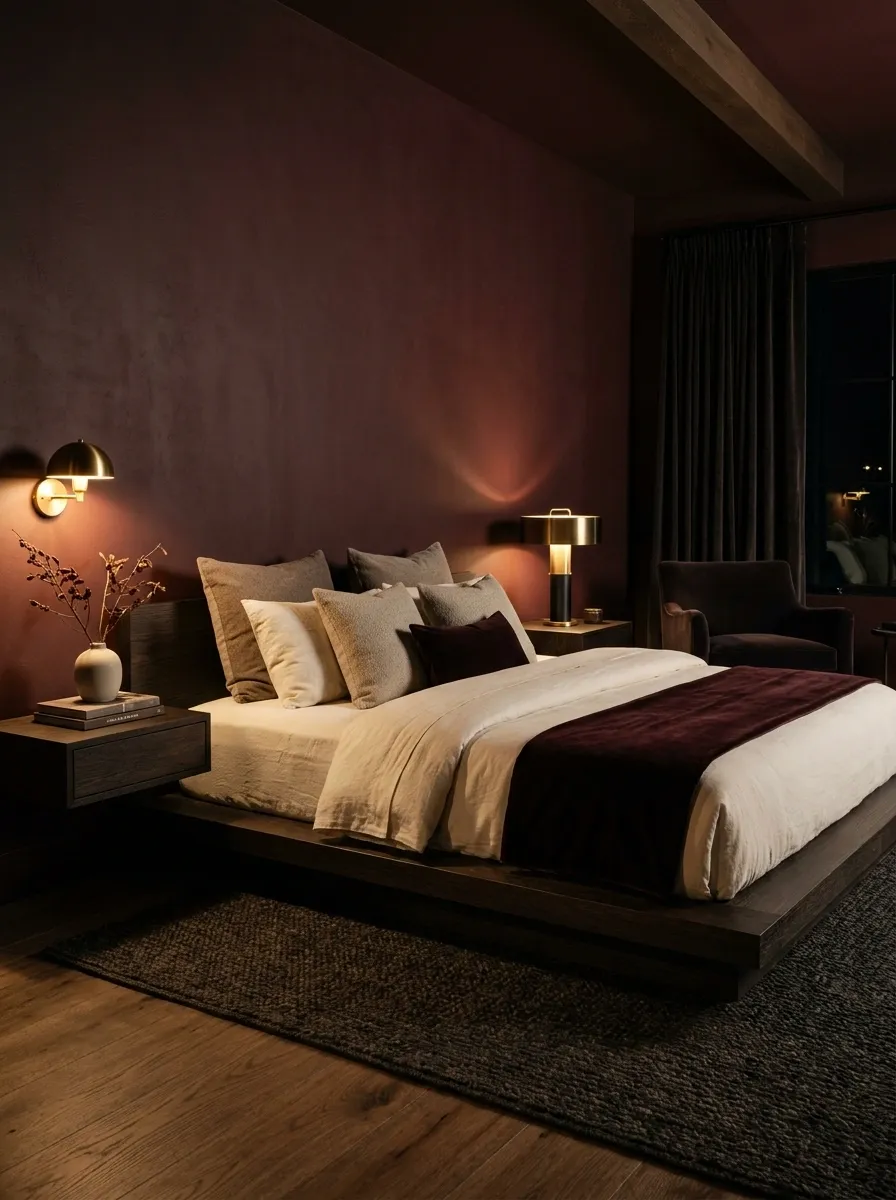 Dark Burgundy Bedroom With Evening-Focused Lighting