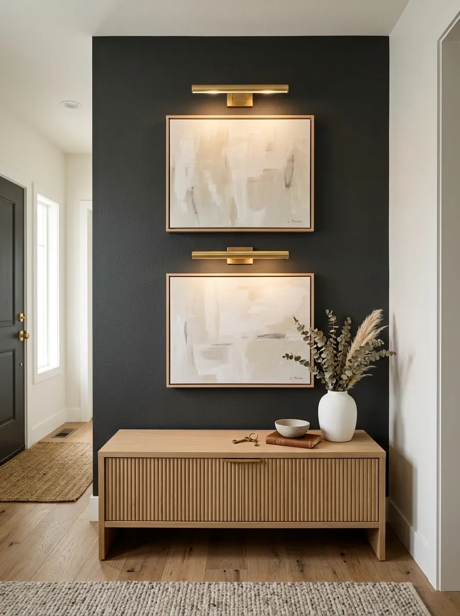 Dark Charcoal Wall With Brass Picture Lights