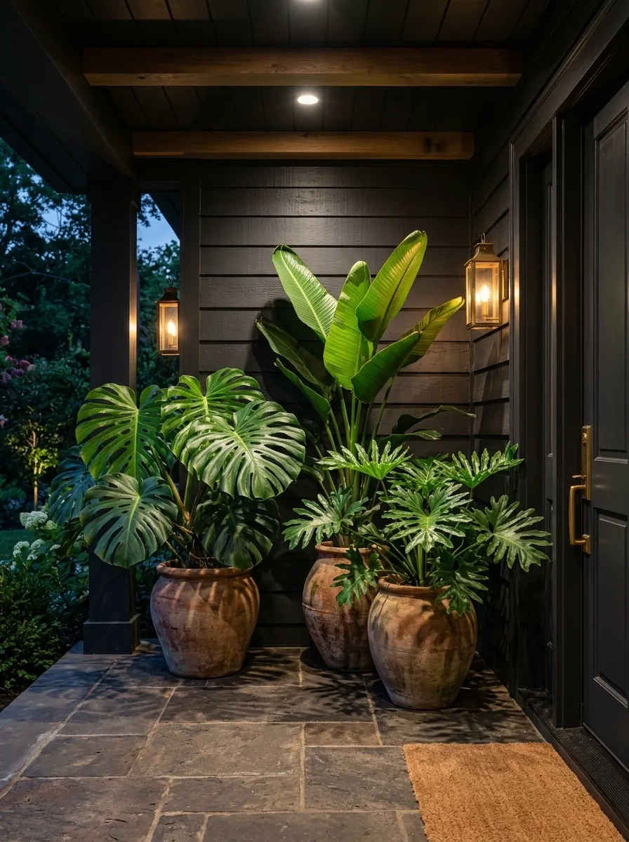 Dark Exterior With Lush Tropical Container Plants
