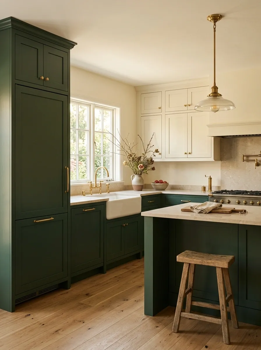 Dark Green Kitchen With Brass and Light Stone