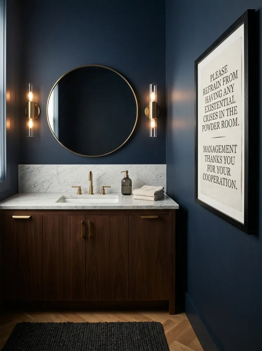 Dark Navy Bathroom With Hotel-Bar Humor
