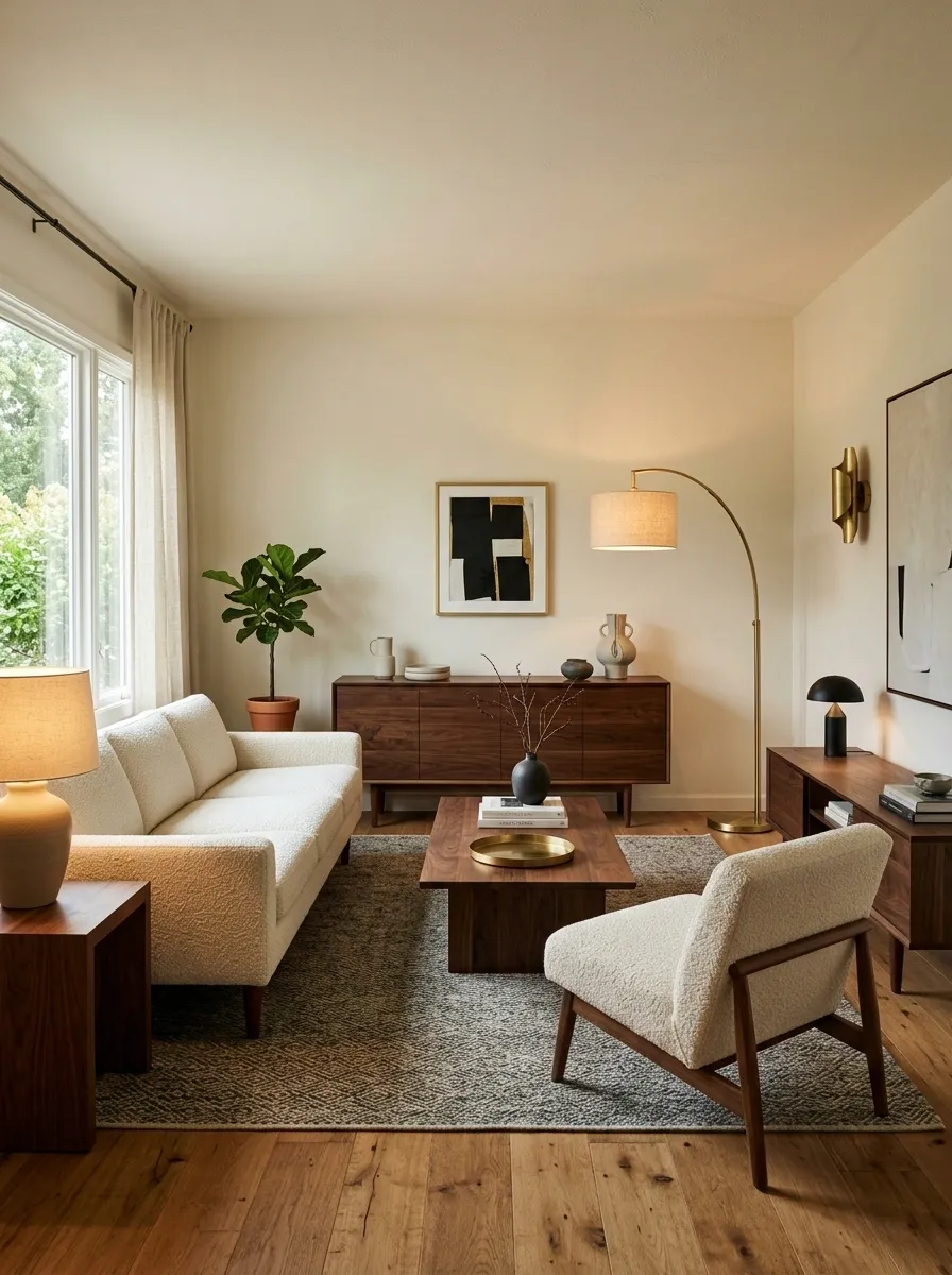 Dark Walnut Small Living Room With Cream Bouclé Seating