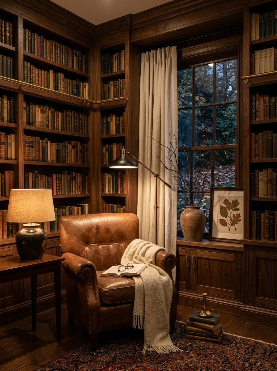 Dark Wood Library With Amber Lighting and Autumn Artwork