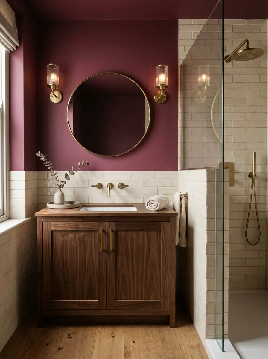 Deep Berry Bathroom With Warm Cream Tile and Walnut