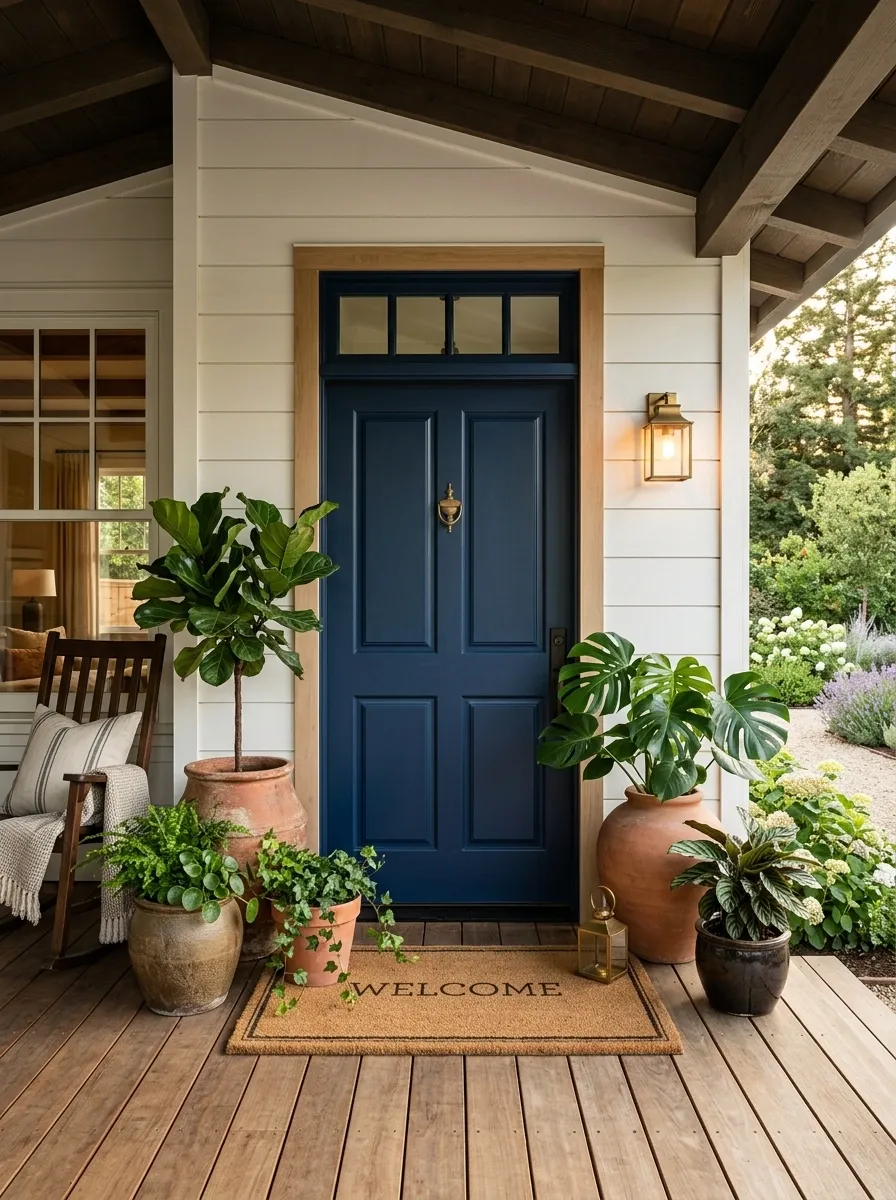 Deep Blue Door With Warm Ceramic Plant Containers