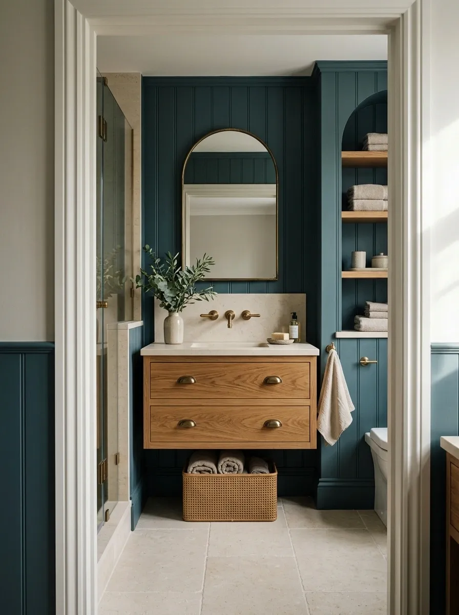 Deep Blue-Green Bathroom With Limestone and Oak
