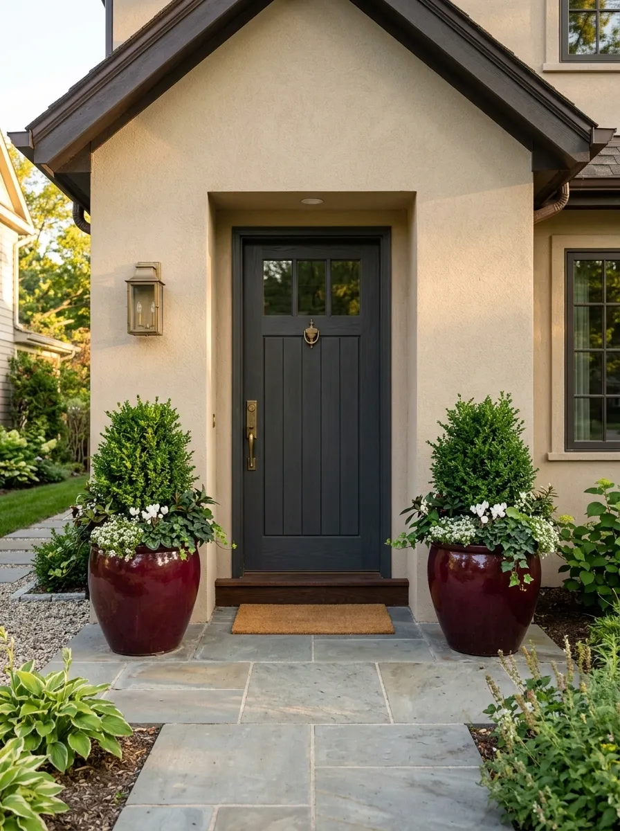 Deep Burgundy Planters With Evergreen Structure