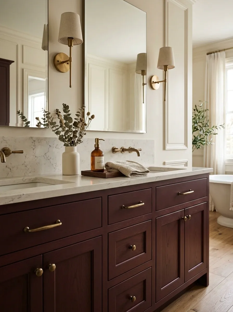 Deep Burgundy Vanity With Cream Stone