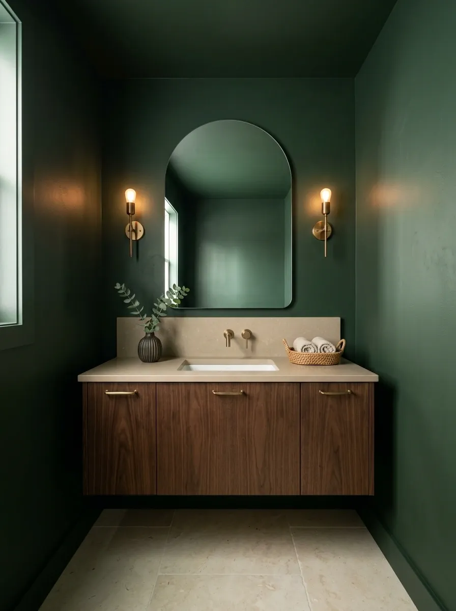 Deep Forest Green Bathroom With Walnut Vanity and Aged Brass