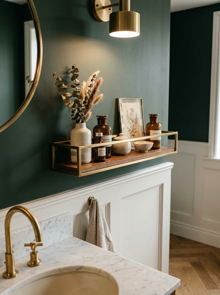Deep Green Bathroom With Brass-Framed Shelf Styling