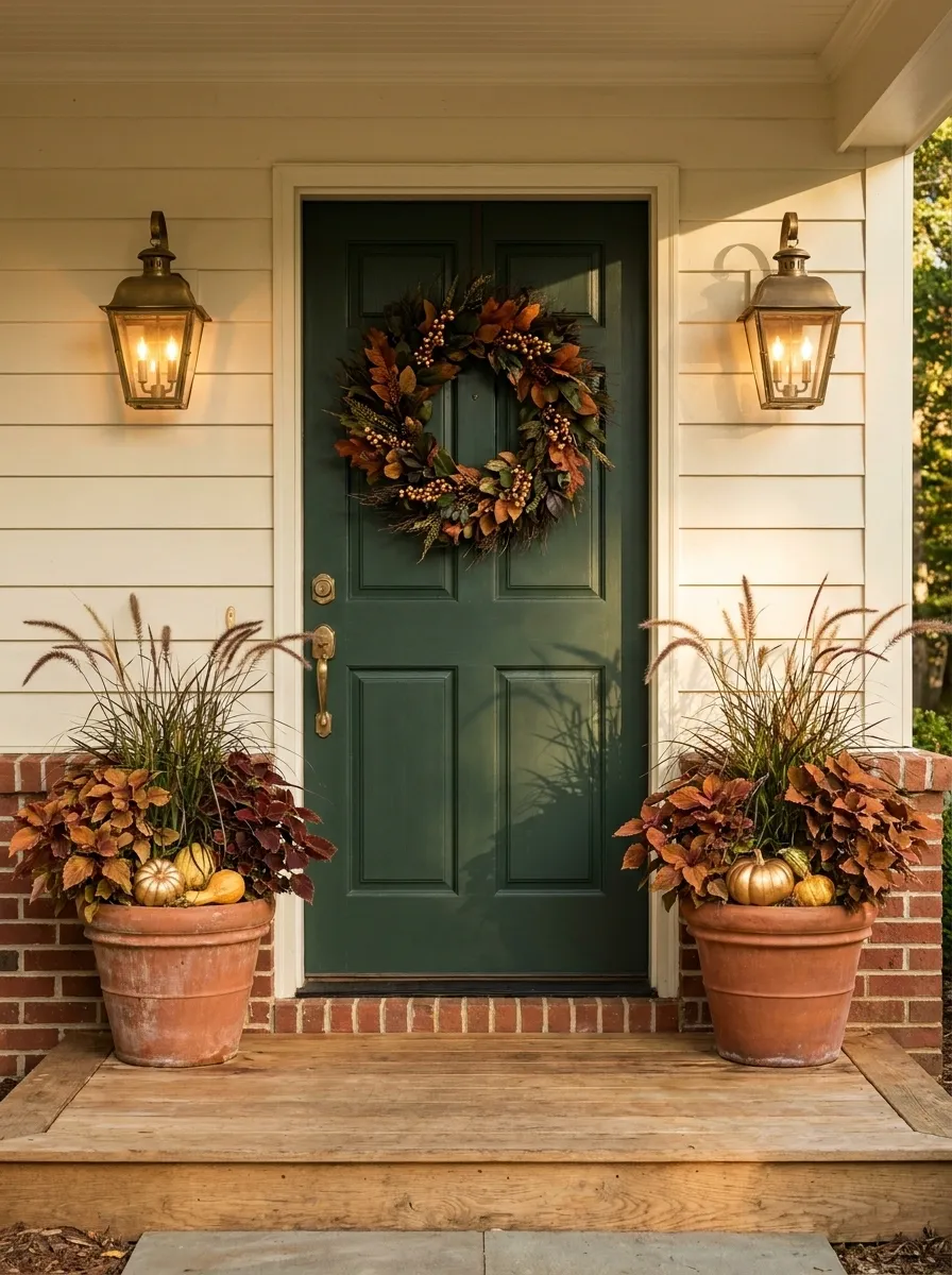 Deep Green Door With Brass Lanterns and Warm Harvest Tones