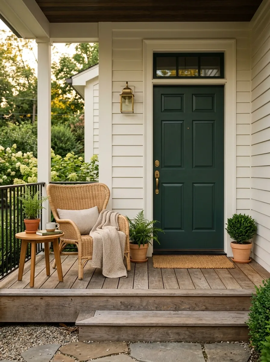 Deep Green Door With Compact Wicker Lounge Chair