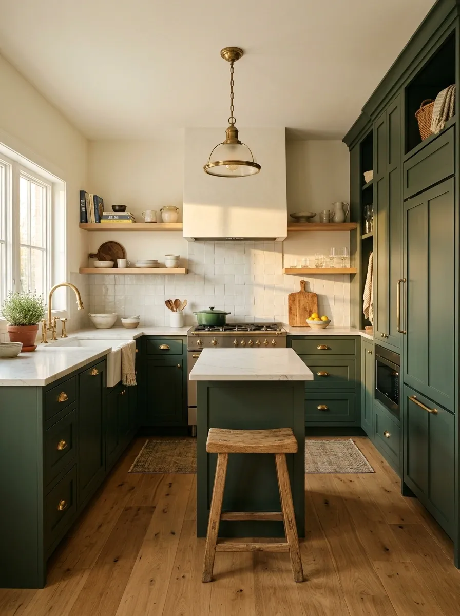 Deep Green Kitchen With Brass and Light Stone