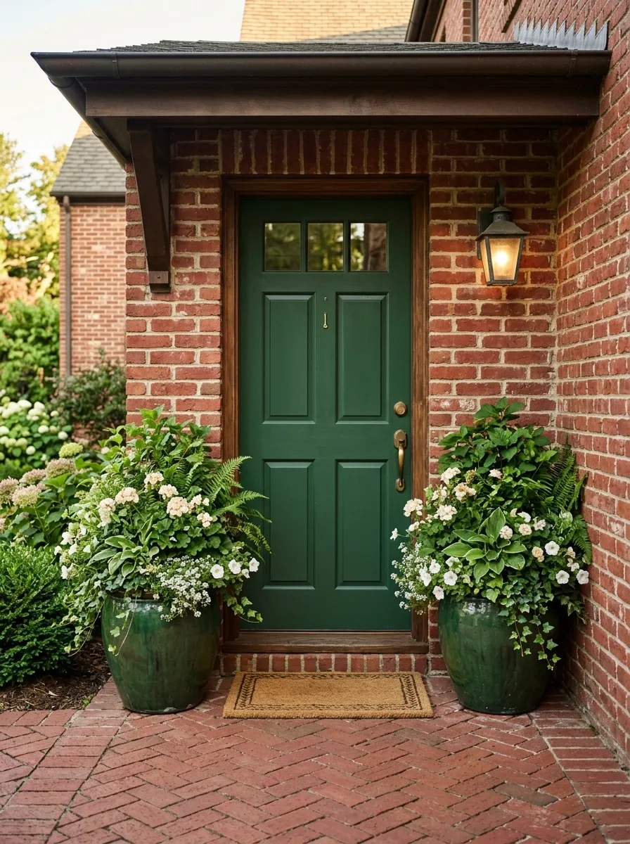 Deep Green Pots With Rustic Brick