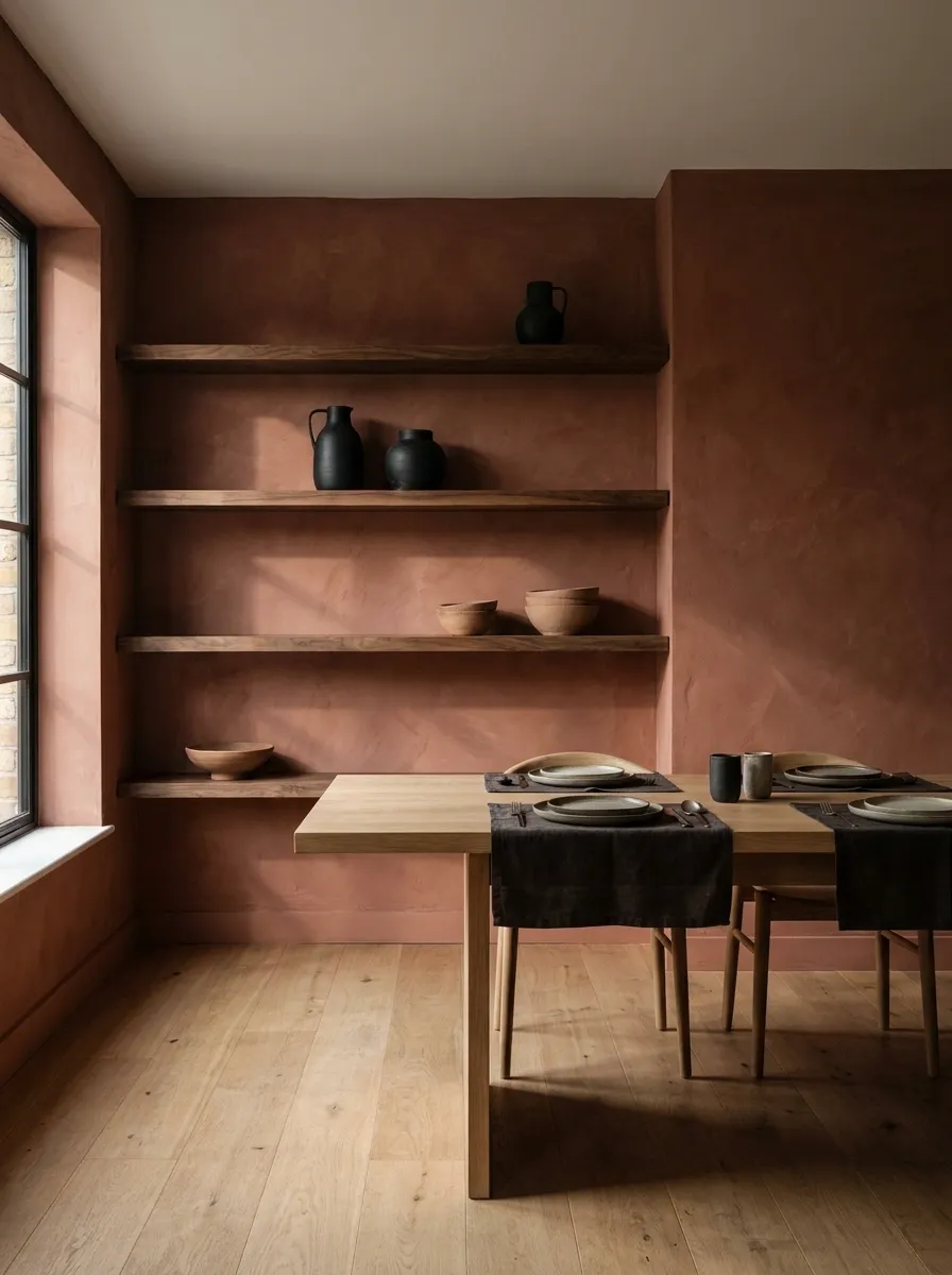 Deep Terracotta Limewash with Floating Walnut Shelves