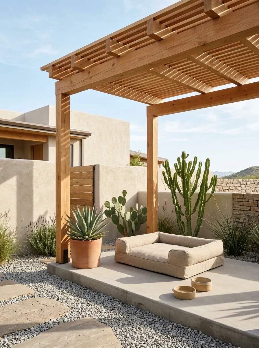 Desert-Style Dog Retreat With Gravel and Shade Structure