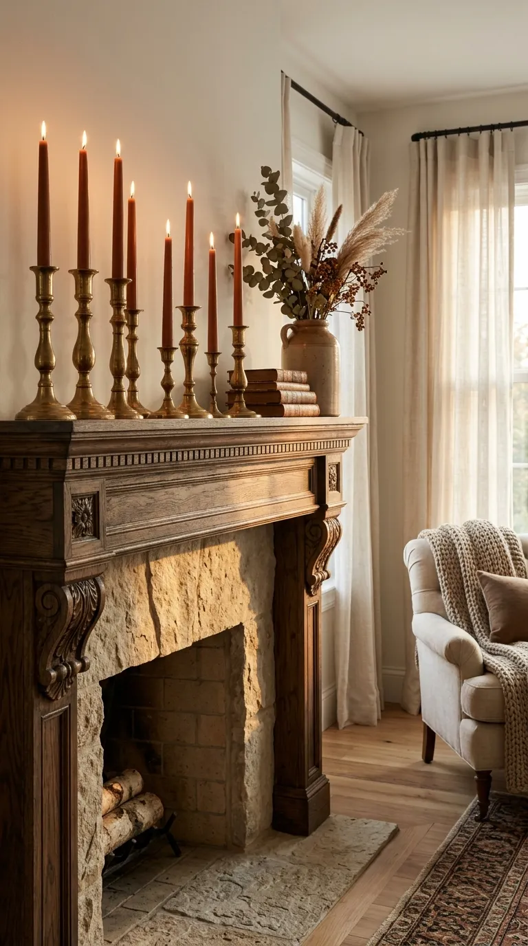 Display Sculptural Brass Candlesticks with Burnt Sienna Tapers