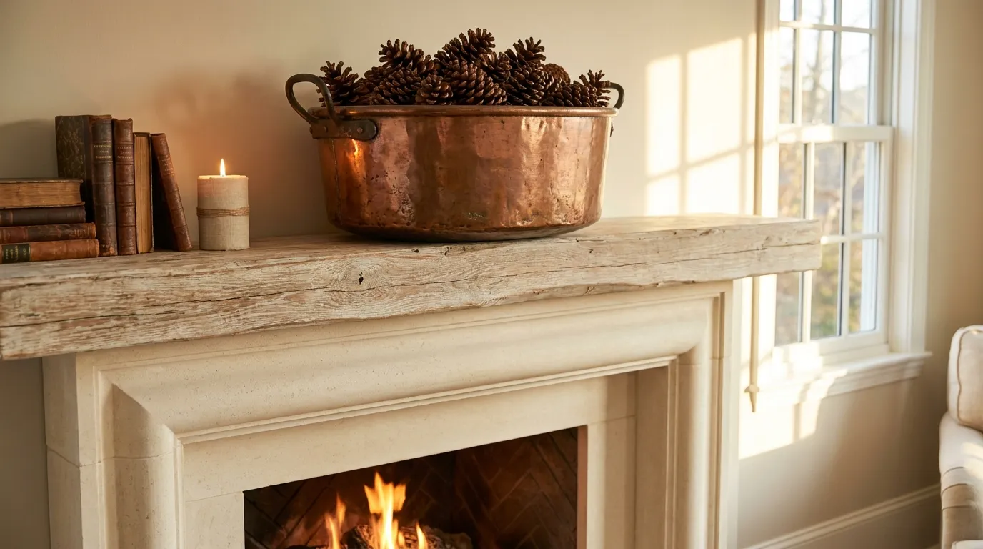 Display Vintage Copper Pots Filled with Pinecones