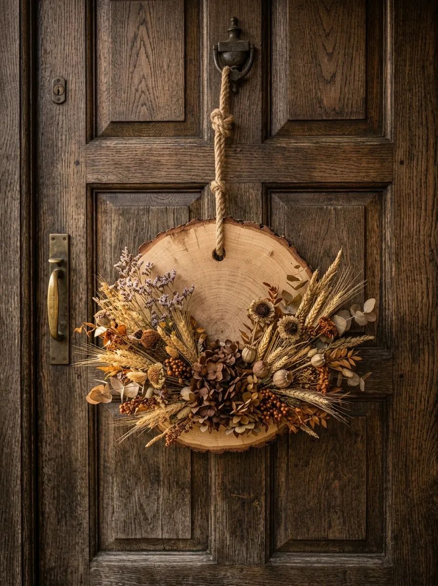 Distressed Wood Slice Base with Dried Floral Sprays
