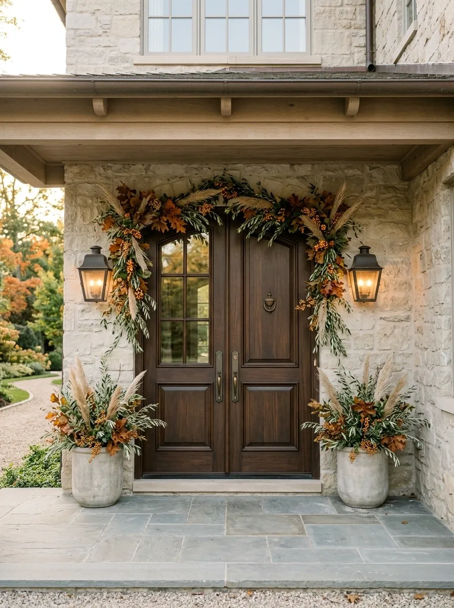 Double Front Doors Framed in Loose Autumn Greenery