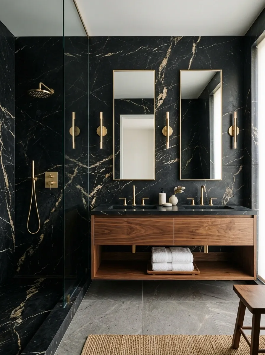 Dramatic Black Marble Bathroom With Fine Gold Detailing