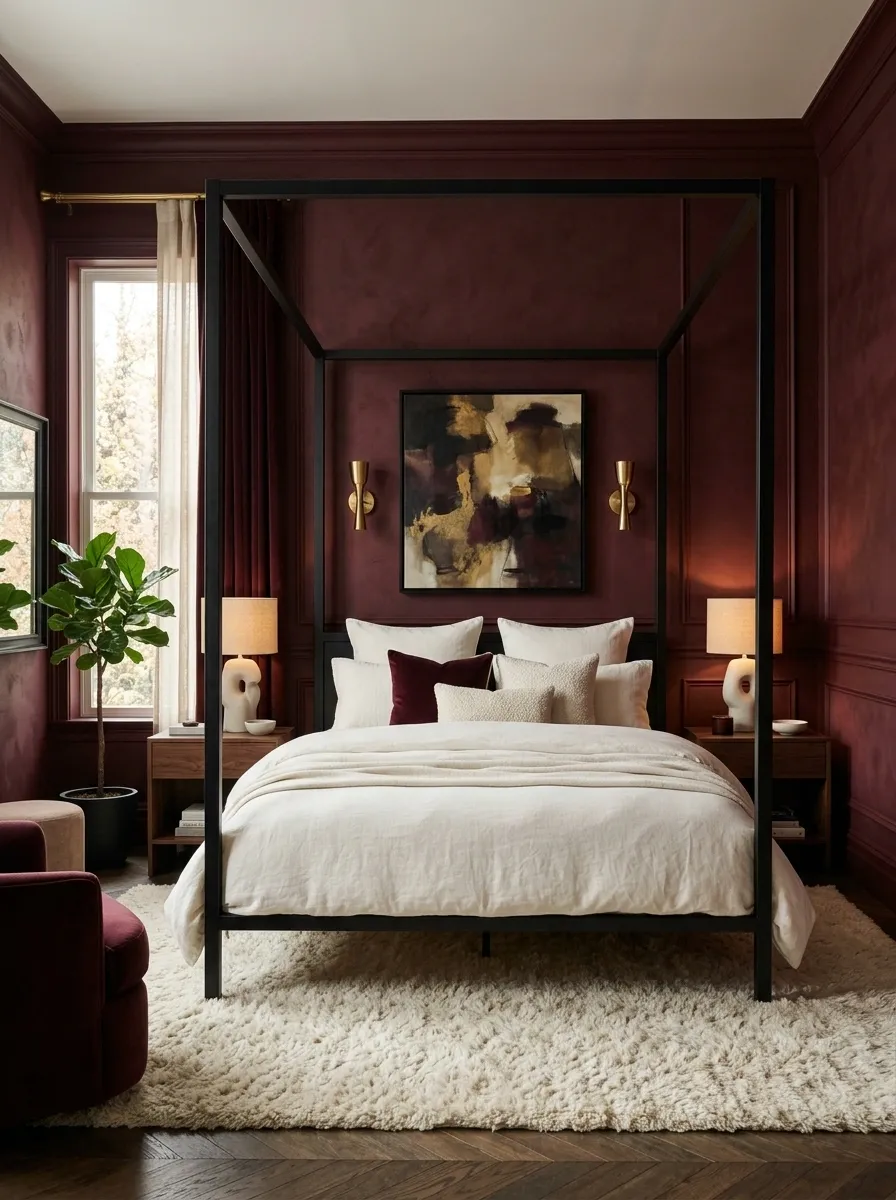 Dramatic Burgundy Bedroom With Black Canopy Bed