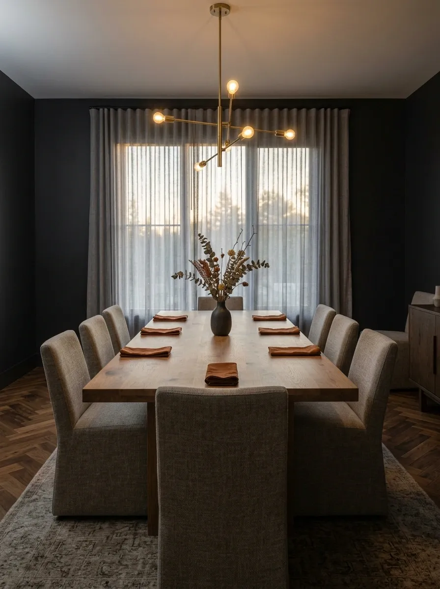 Dramatic Charcoal Dining Space With Burnt Orange Accents
