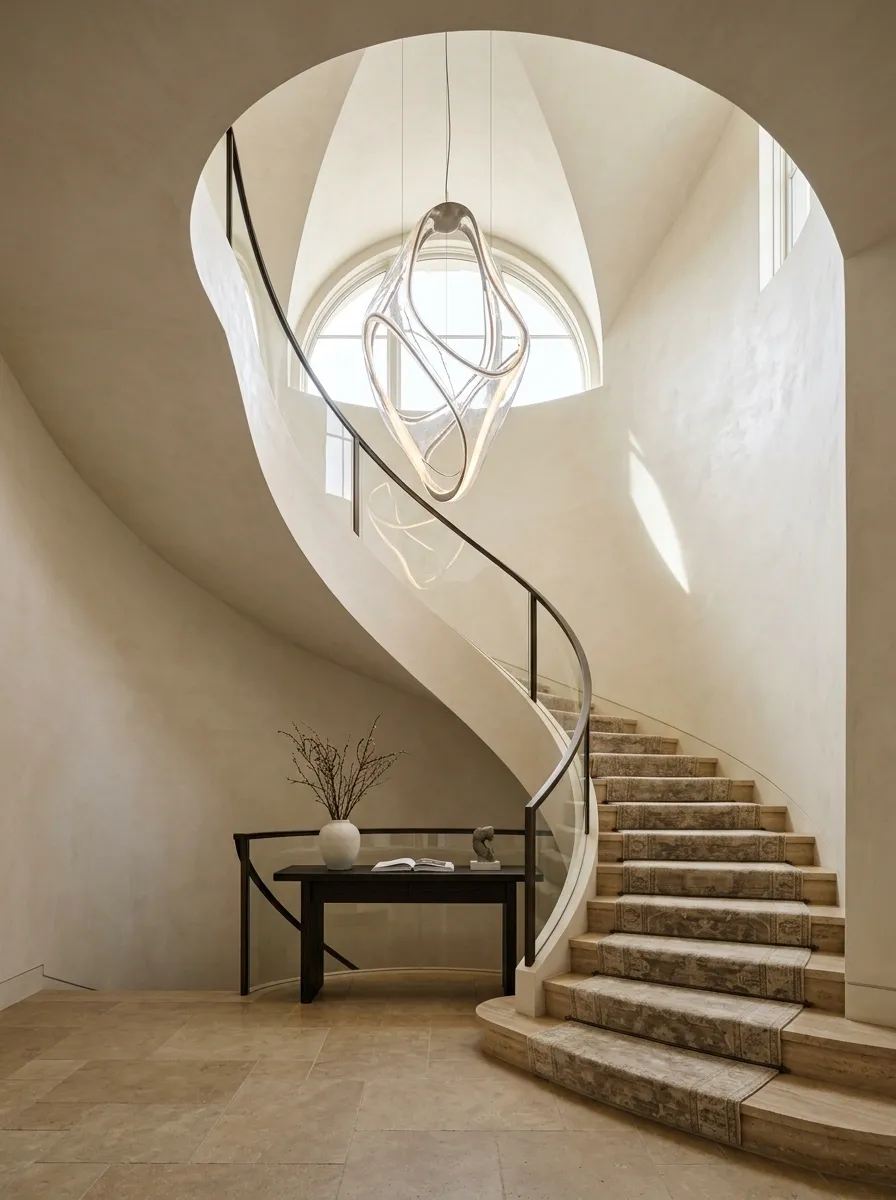 Dramatic Curved Staircase With Sculptural Pendant