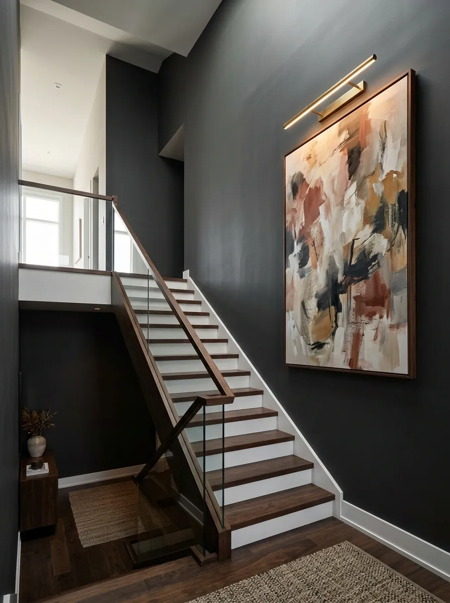 Dramatic Dark Stairwell With Oversized Abstract Artwork