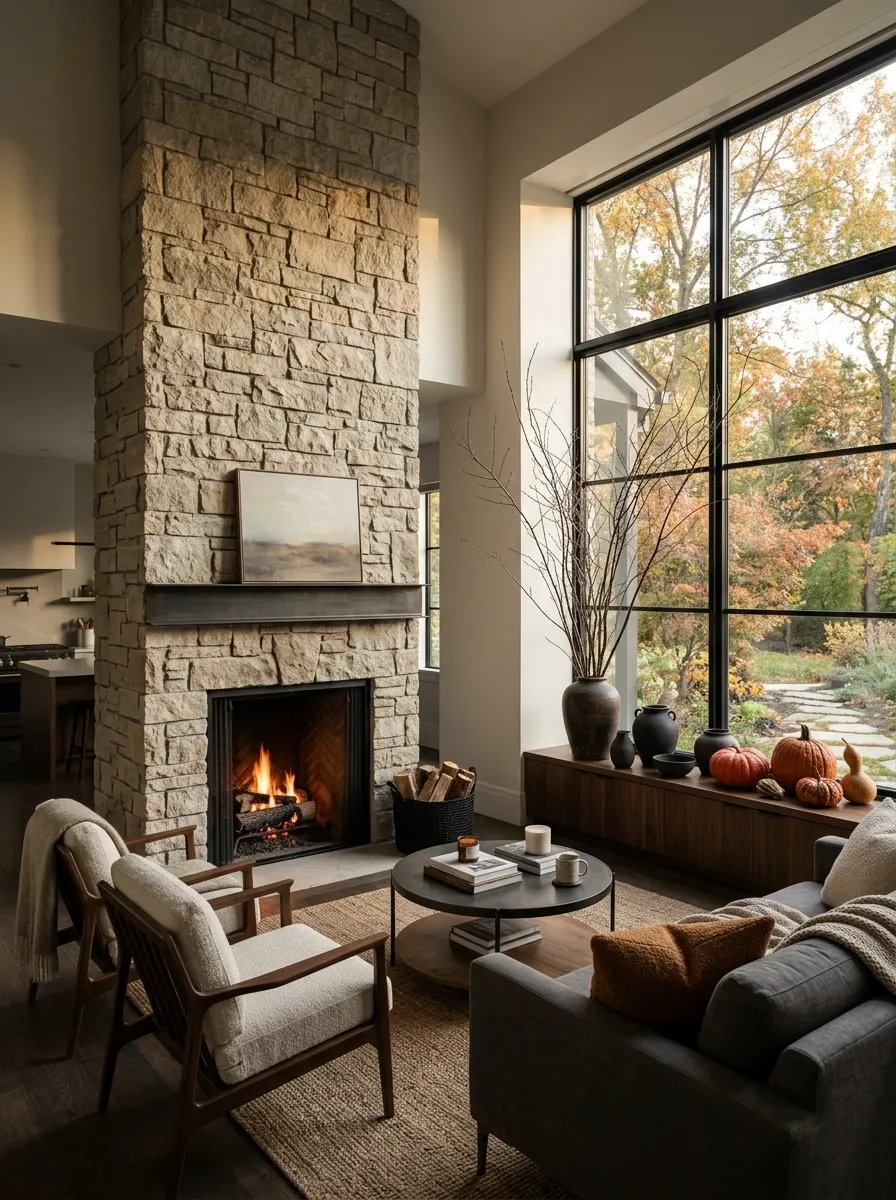 Dramatic Stone Fireplace Window Composition