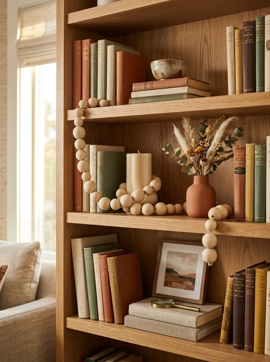 Drape Wooden Bead Garlands On Bookshelves