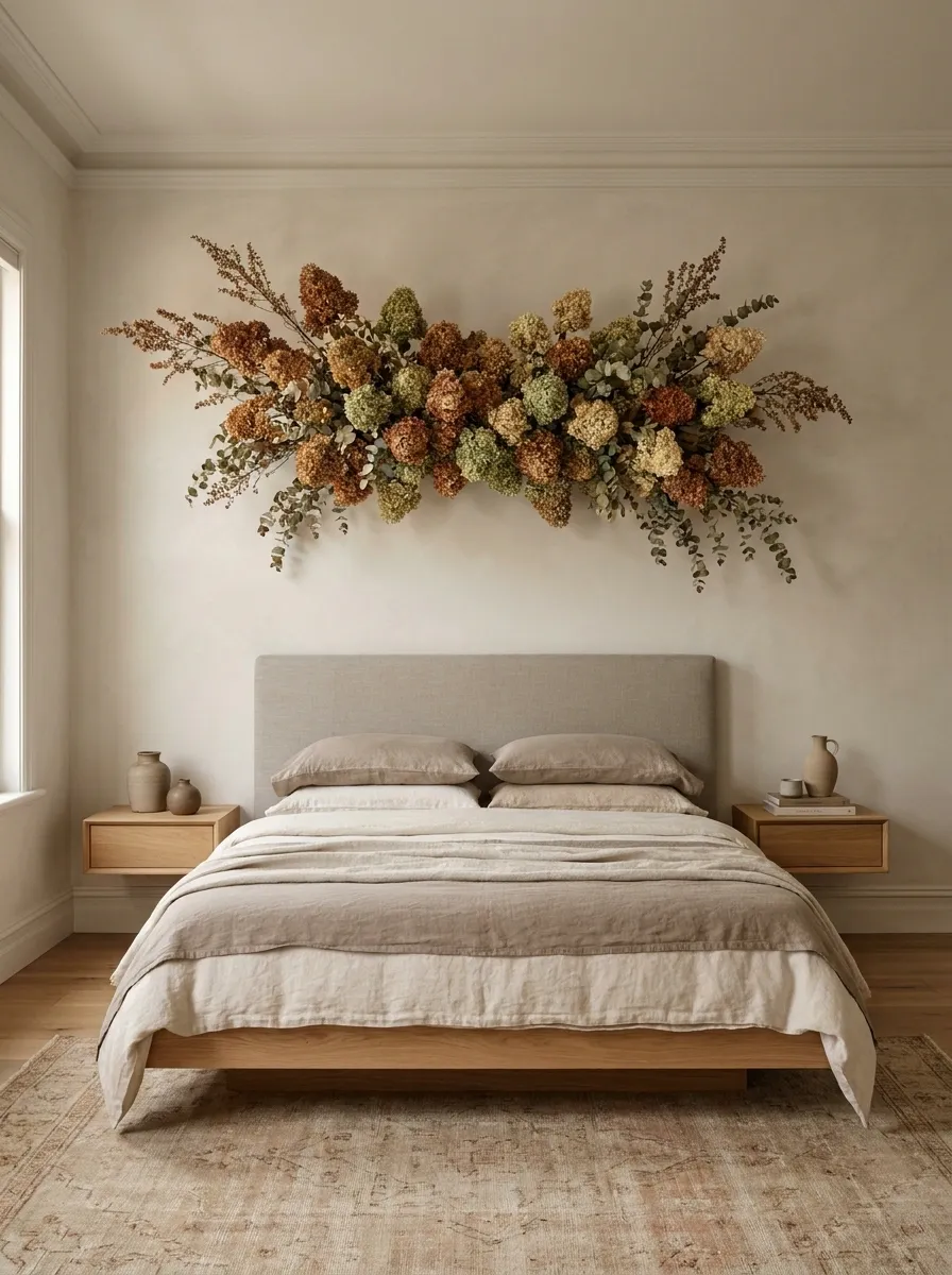 Dried Hydrangea and Eucalyptus Swag over a Headboard