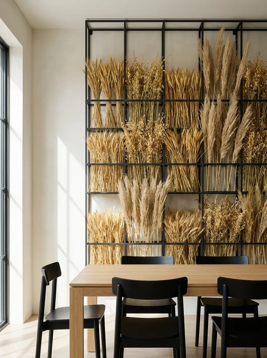 Dried Wheat and Foraged Grasses Woven into a Living Wall
