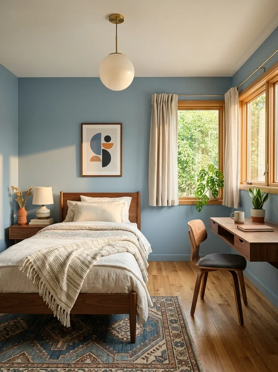 Dusty Blue Bedroom With Walnut Furniture and a Compact Desk