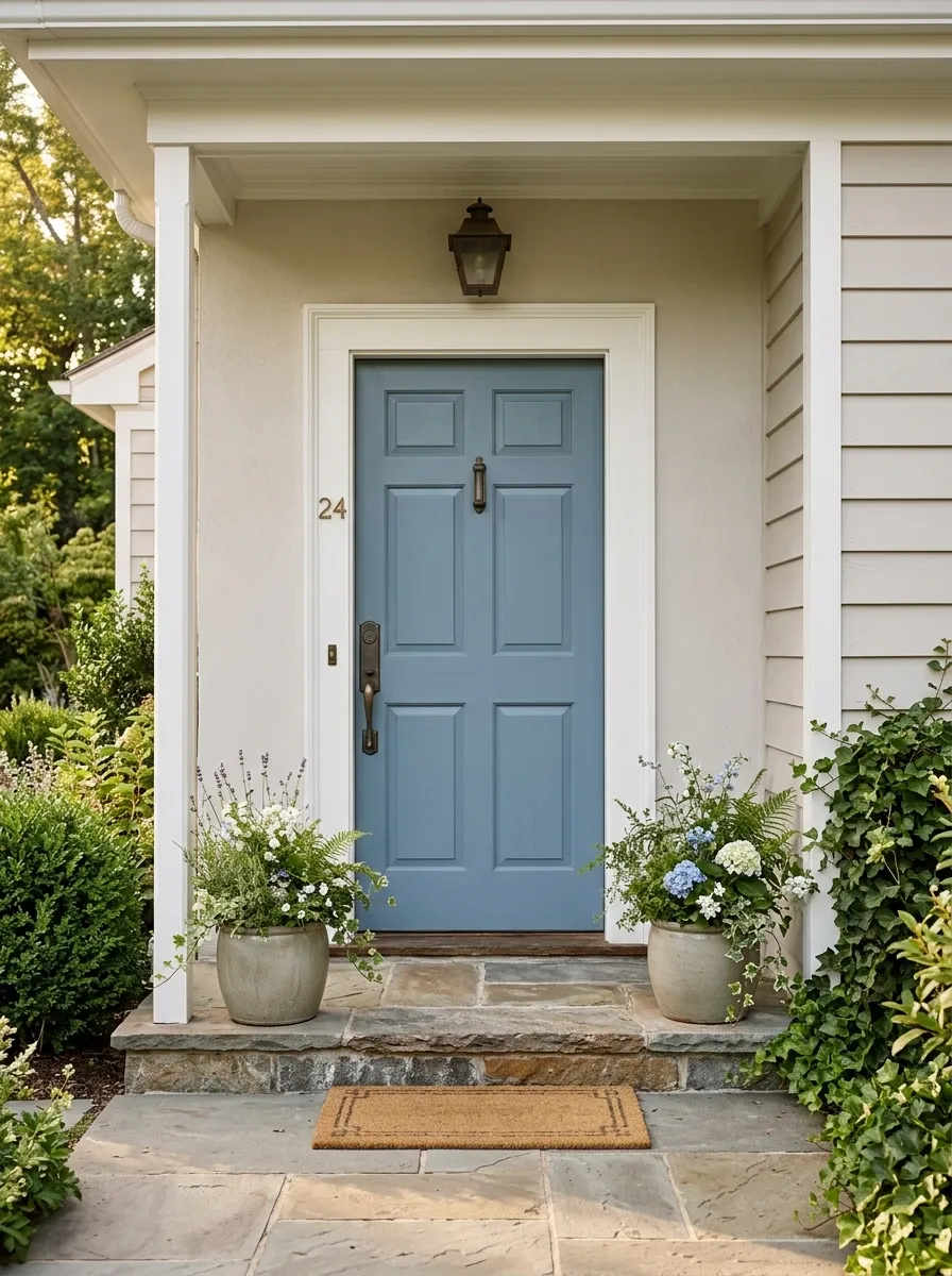 Dusty Blue Door With a Weathered Stone Threshold