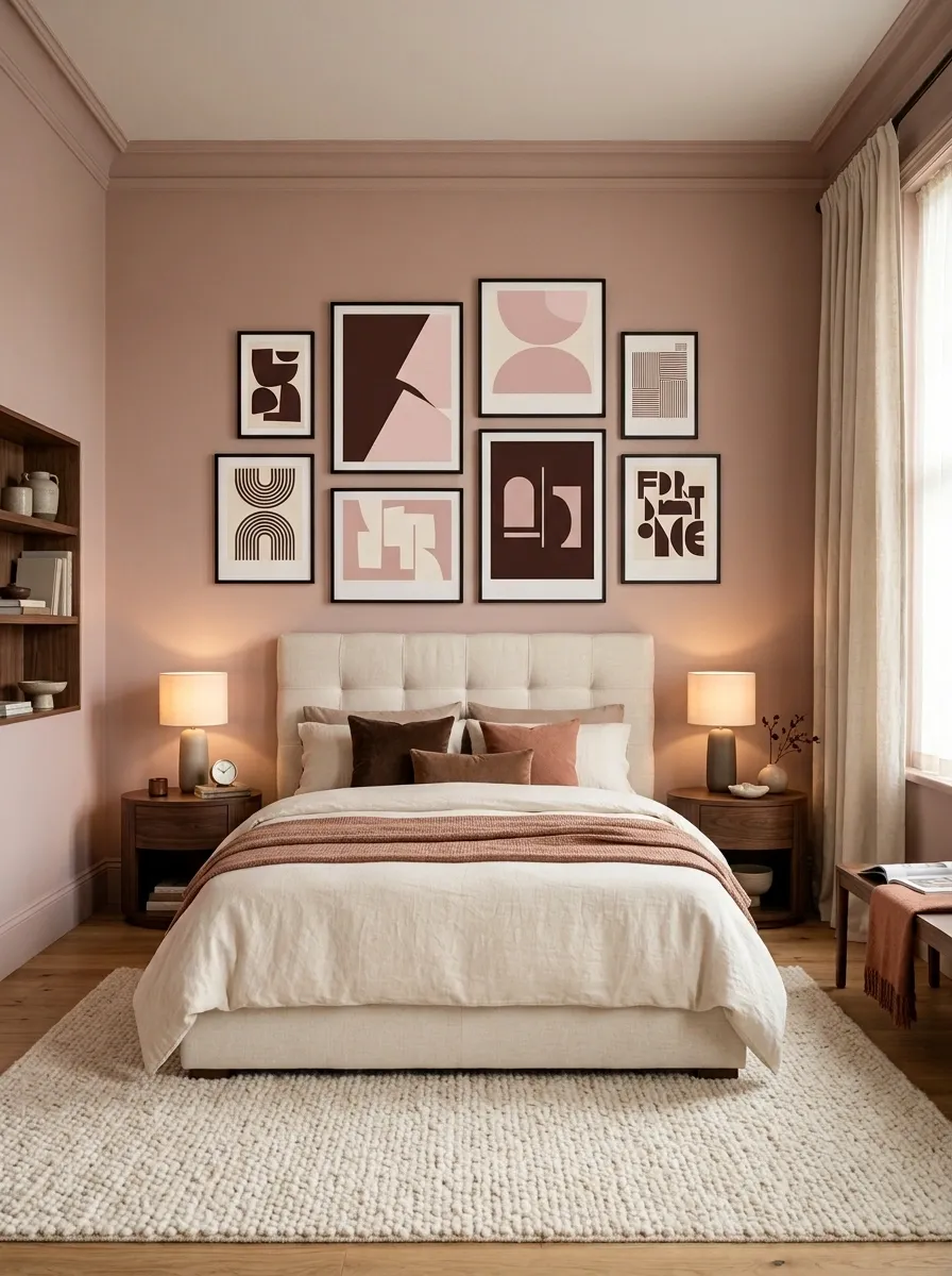 Dusty Pink Bedroom With Chocolate Brown Graphic Posters