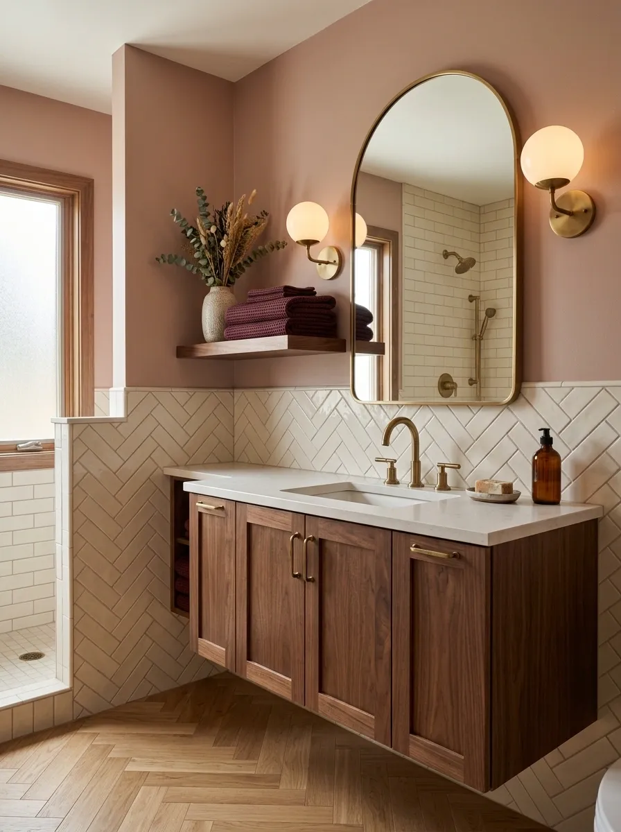 Dusty Rose Bathroom With Burgundy Accents and Cream Tile
