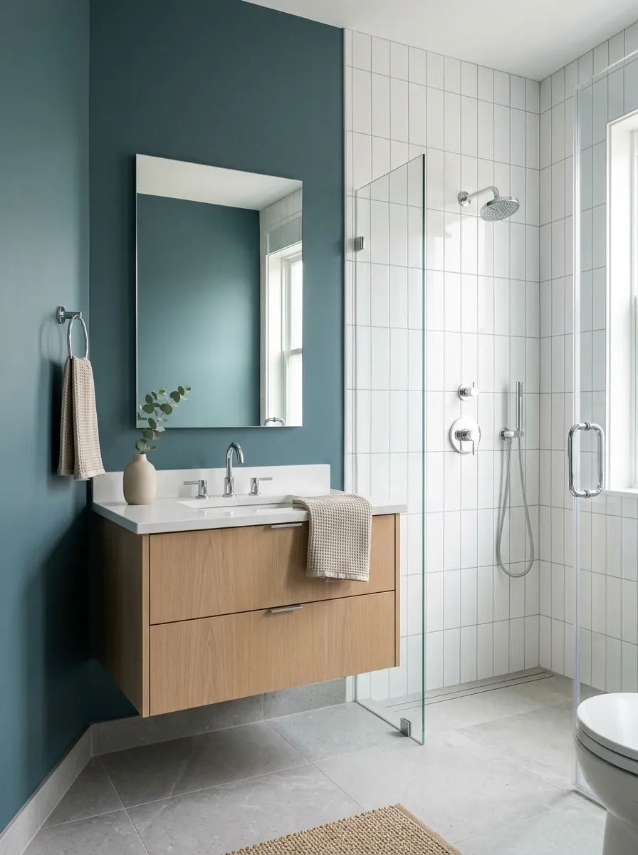 Dusty Teal Bathroom With White Vertical Tile