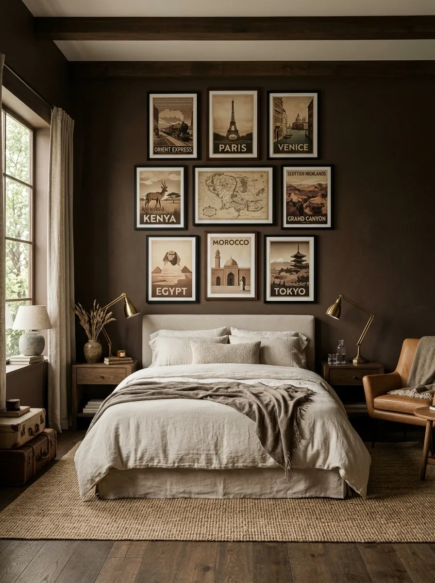 Earth-Toned Bedroom With a Restrained Travel Poster Collection