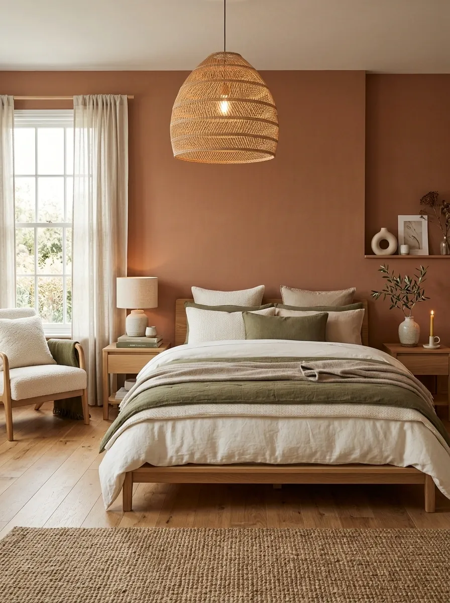 Earthy Bedroom With Terracotta Walls and Natural Wood