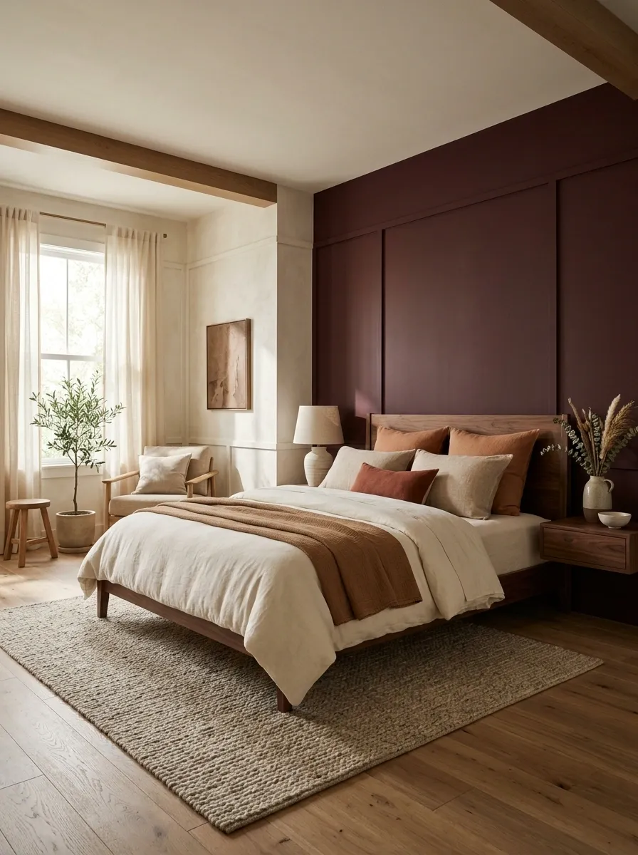 Earthy Burgundy Bedroom With Terracotta and Walnut