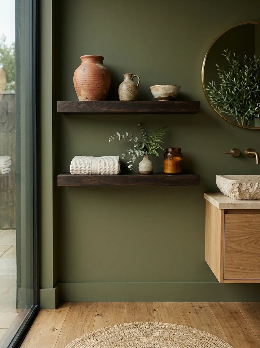 Earthy Olive Bathroom With Dark Wood and Handmade Pottery