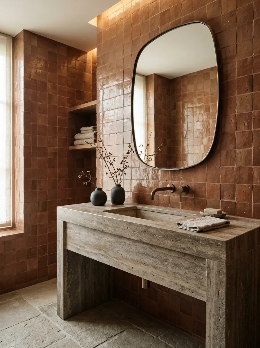 Earthy Terracotta Bathroom With Handmade Tile