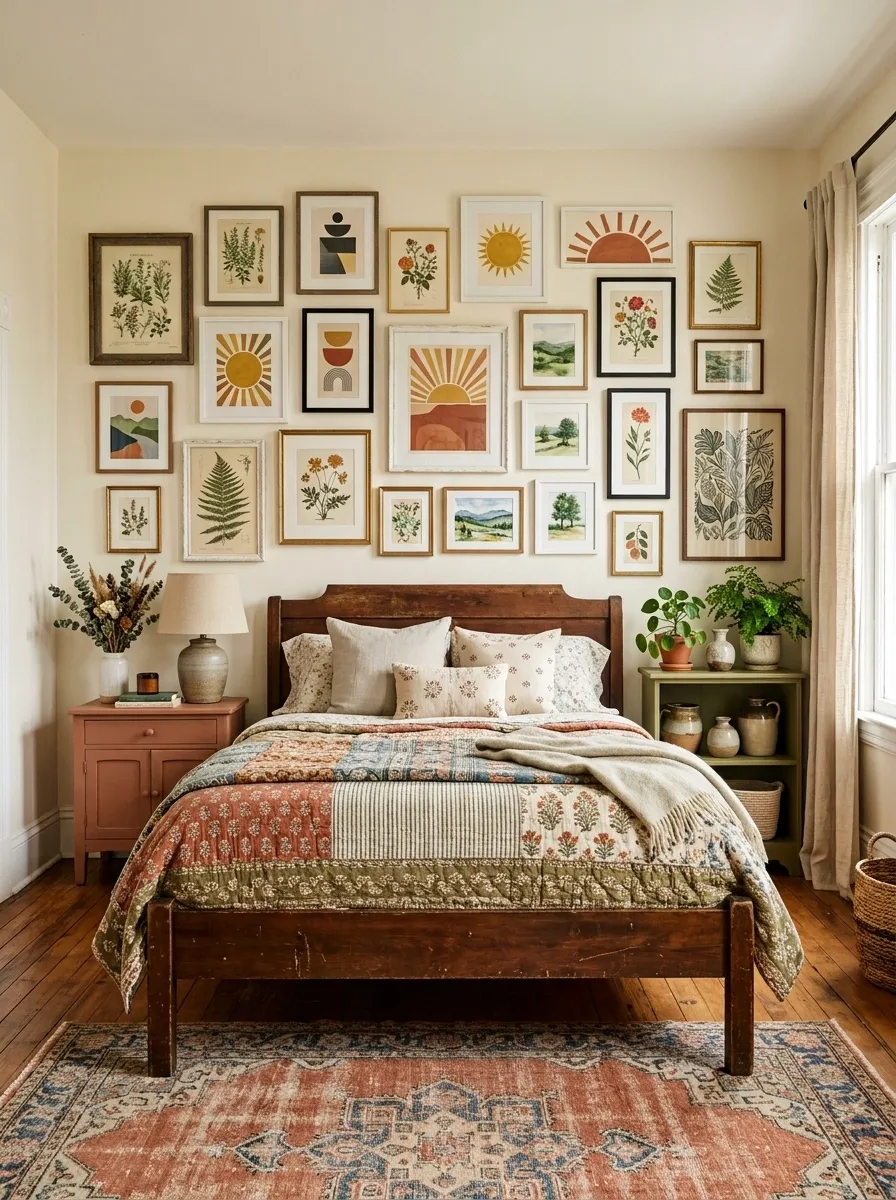 Eclectic Bedroom With Layered Botanical and Abstract Posters