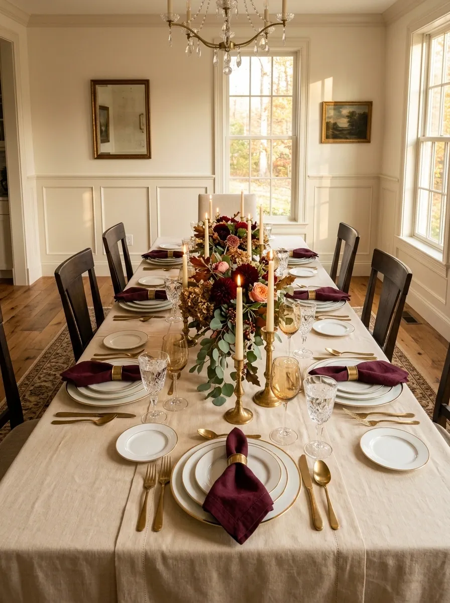 Elegant Autumn Dining Table With Layered Cream and Burgundy
