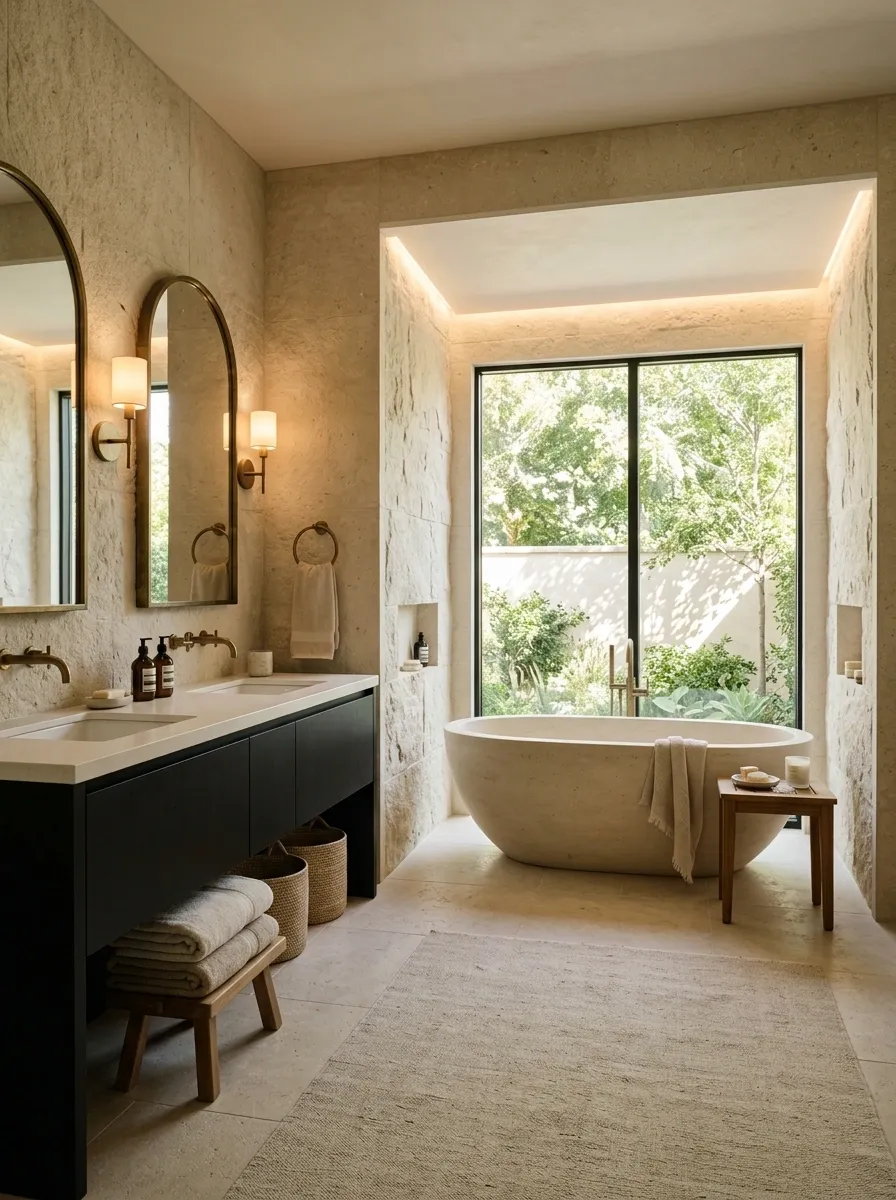 Elegant Black and Gold Primary Bathroom With a Layered Spa Feel