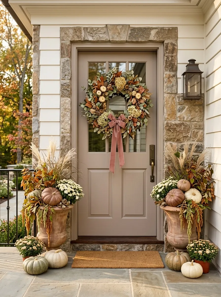Elegant Fall Door With Muted Rust and Dusty Rose