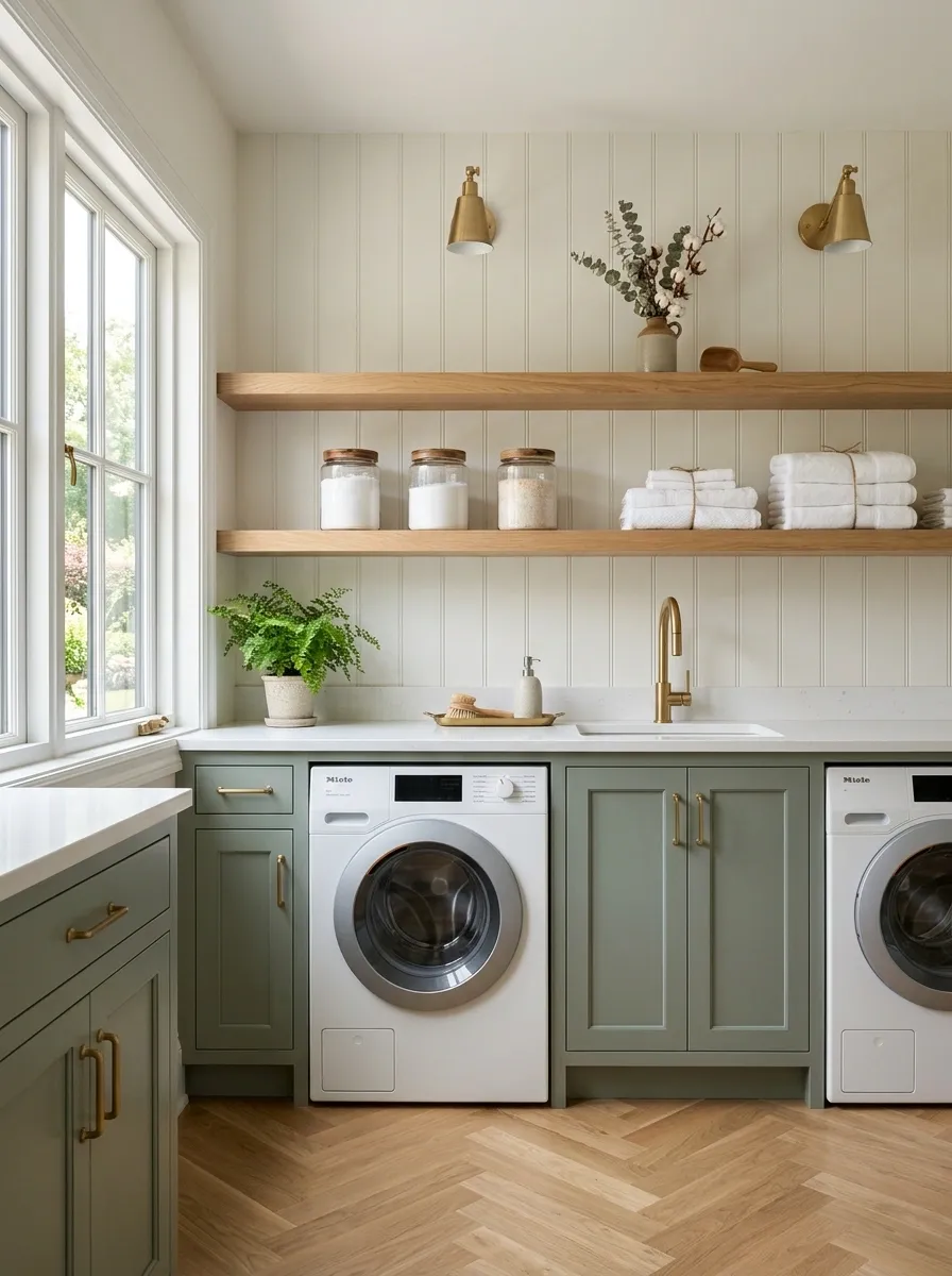 Elegant Green Laundry Room With Brass and Wood Shelves