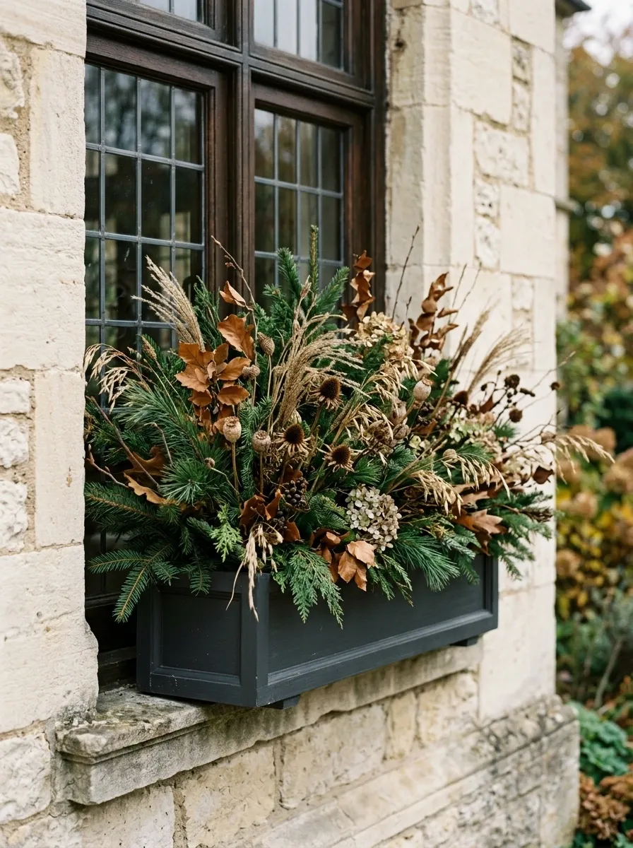 Elegant Late-Fall Box With Evergreen and Bronze Texture