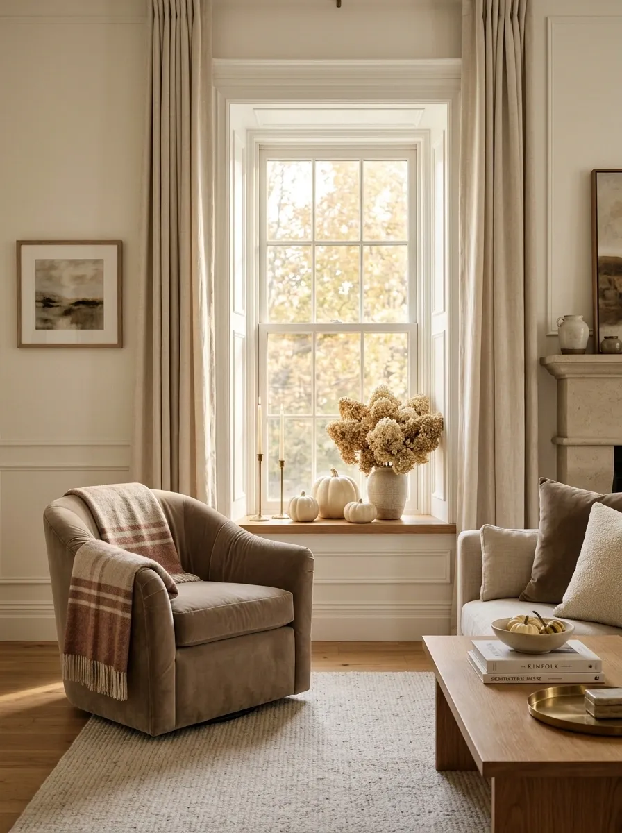 Elegant Neutral Window With Cream Pumpkins and Velvet